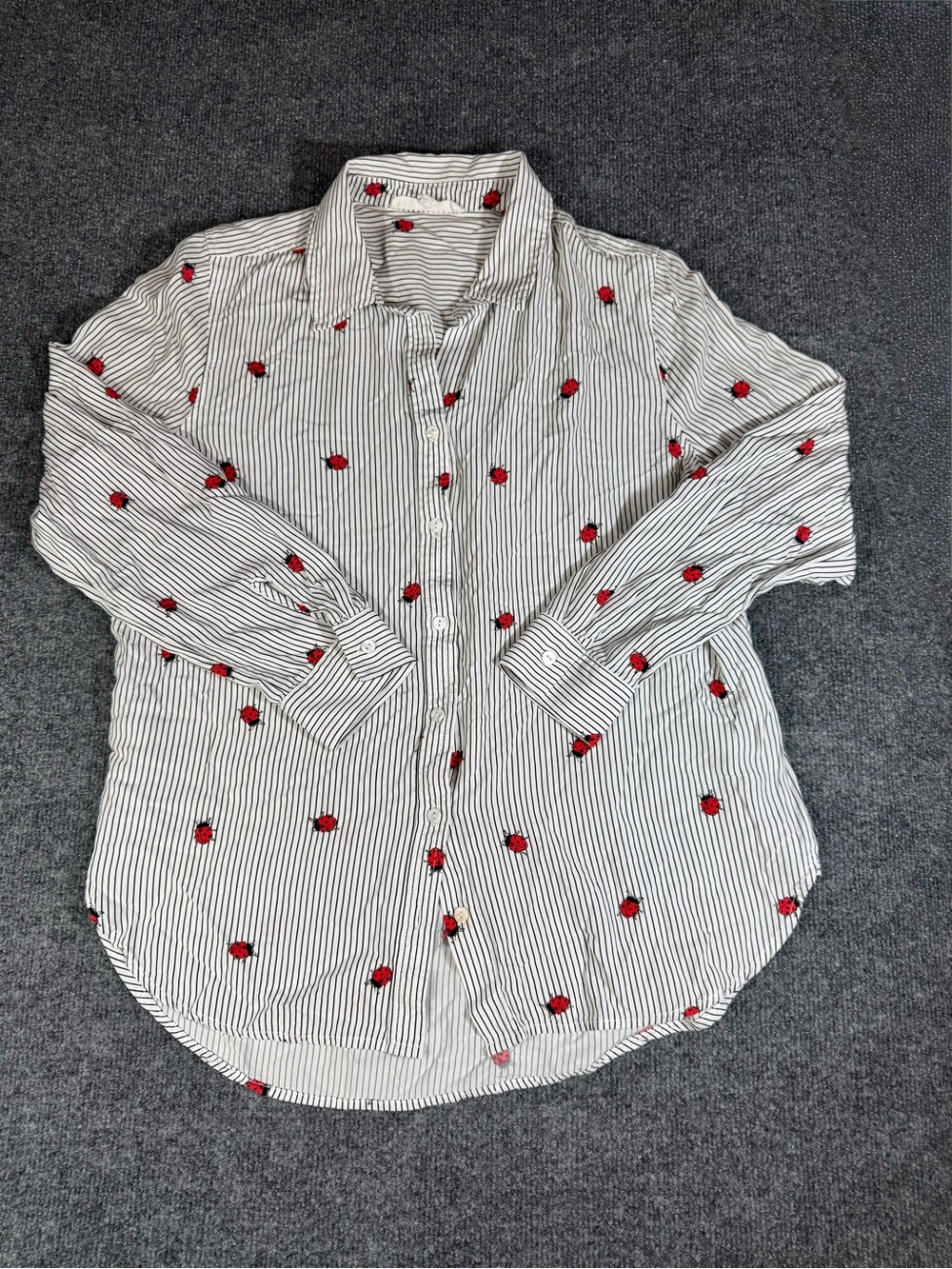 Jane + Delancey Ladybug Striped Button Down Blouse Women’s M High Low Rayon